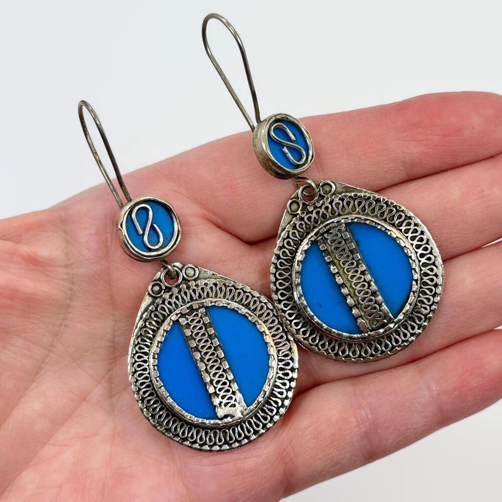 Vintage Afghan Kuchi Earrings: Blue Enameled Silver Metal Boho Jewelry
